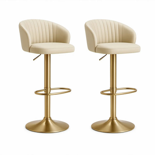 Conjunto de 2 Bancos de Bar Giratórios Ajustáveis em Pele Sintética PU Bege com Base Dourada, 50 x 52 x 88-109 cm