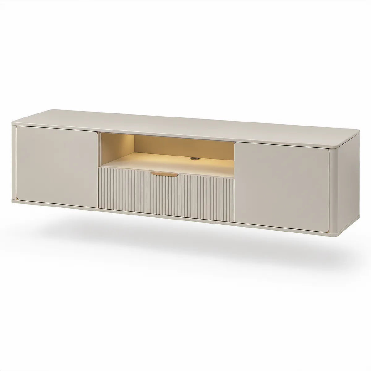 Móvel de TV Retangular em MDF Lacado Bege com Iluminação LED, 180 x 40 x 45 cm