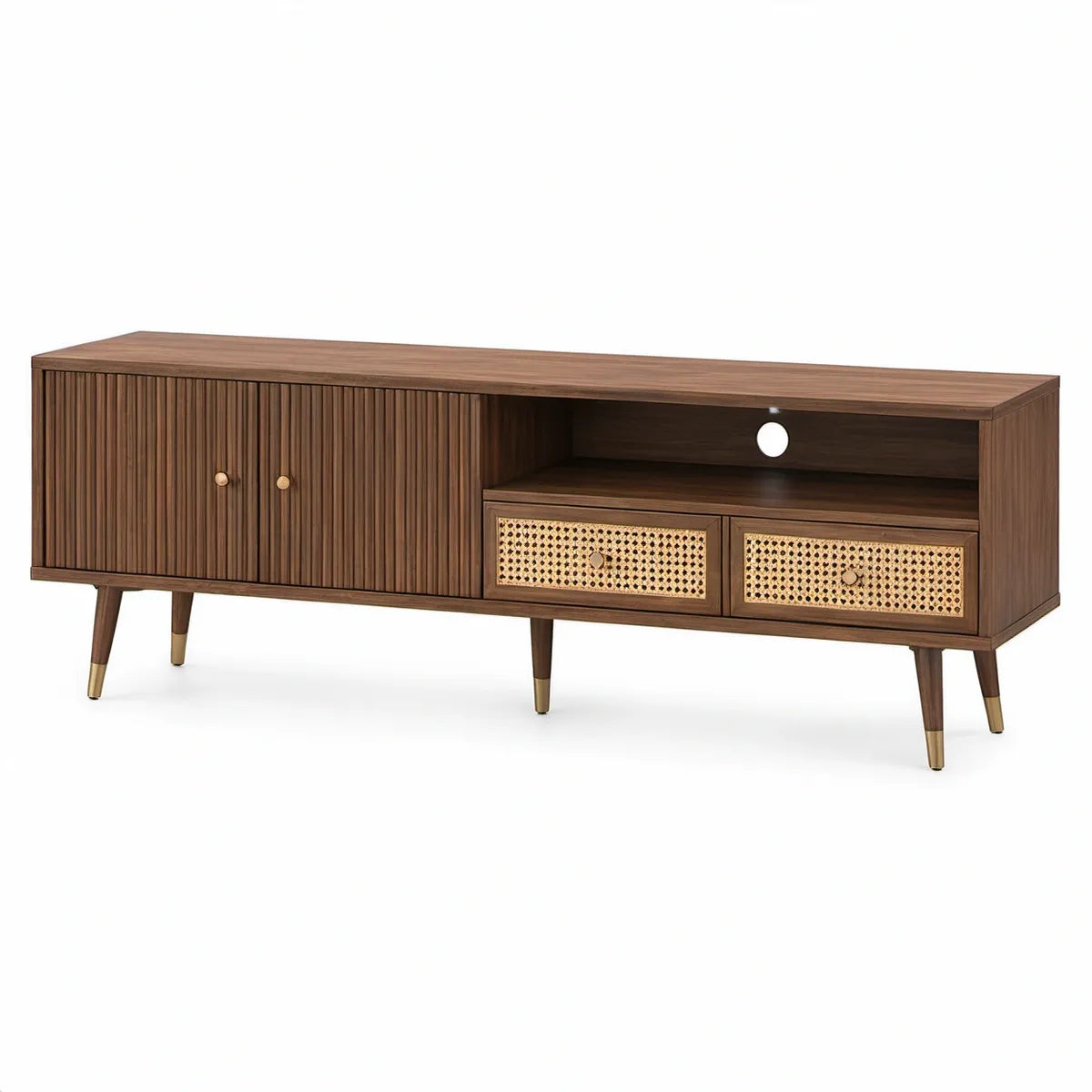 Móvel para TV em MDF com Acabamento Nogueira e Palhinha, 180 x 40 x 60 cm, Castanho Nogueira/Dourado/Bege Natural