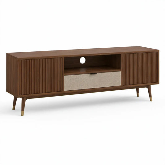 Móvel de TV em MDF folheado a nogueira com 2 portas, 1 gaveta e nicho, 180 x 40 x 65 cm