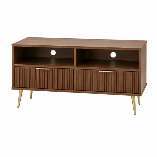 Móvel para TV em MDF Nogueira com Portas Caneladas e Pés Dourados, 120 x 40 x 60 cm