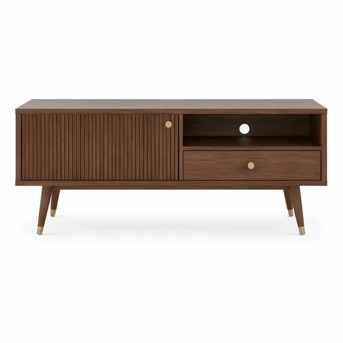 Móvel de TV em MDF com Porta de Correr Canelada, Castanho Nogueira e Dourado, 140 x 40 x 70 cm