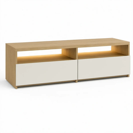 Móvel de TV 160 x 40 x 50 cm em Carvalho Claro e Branco com 2 Portas e Iluminação LED