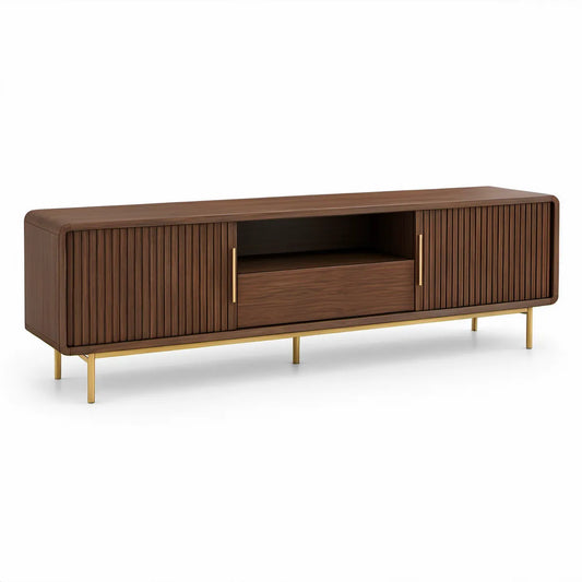 Móvel para TV em MDF Folheado a Nogueira, Castanho e Dourado, 180 x 40 x 65 cm, com 2 Portas e 1 Gaveta