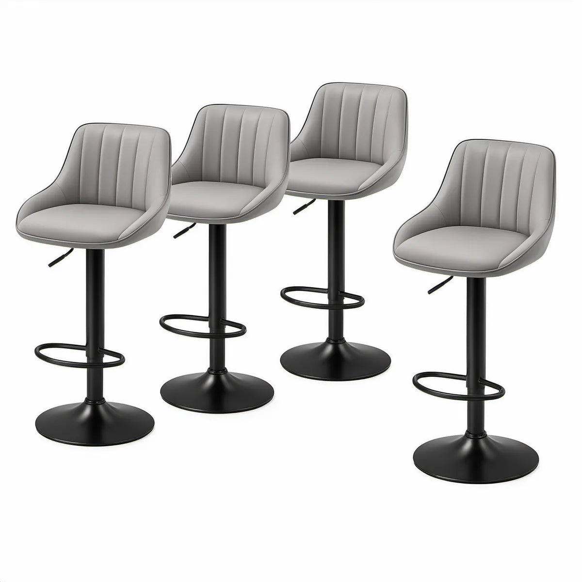 Conjunto de 4 Bancos de Bar Ajustáveis com Encosto em PU Cinzento e Base Redonda Preta, 48 x 51 x 90-110 cm