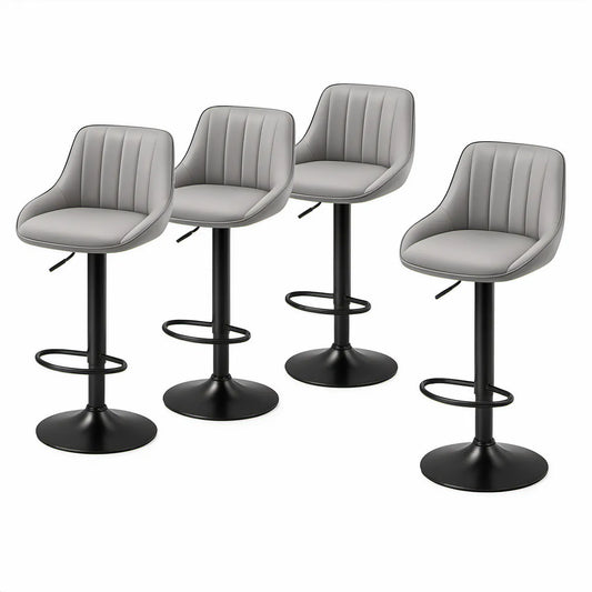 Conjunto de 4 Bancos de Bar Ajustáveis com Encosto em PU Cinzento e Base Redonda Preta, 48 x 51 x 90-110 cm