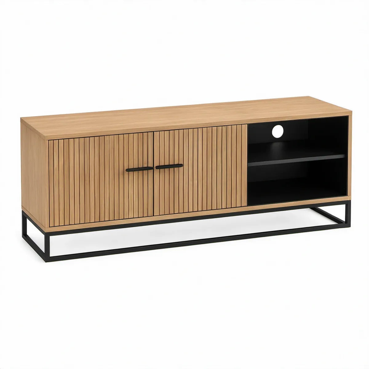 Móvel de TV em MDF efeito carvalho com estrutura em aço preto 140 x 40 x 60 cm