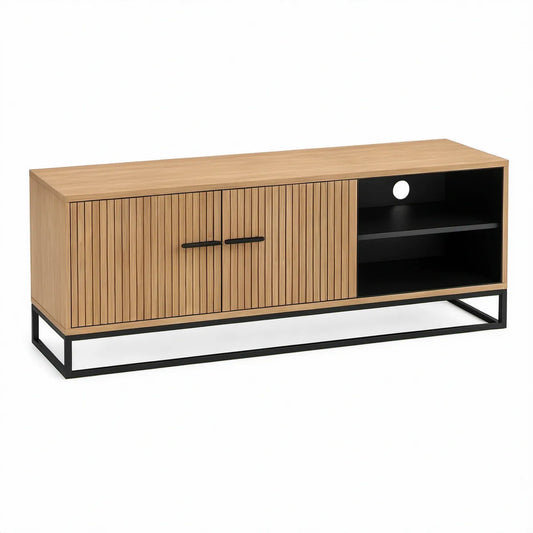 Móvel de TV em MDF efeito carvalho com estrutura em aço preto 140 x 40 x 60 cm