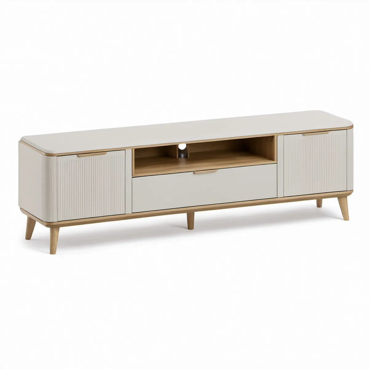 Móvel de TV em MDF Bege e Carvalho Natural com 2 Portas, 1 Gaveta e Nicho Aberto, 180 x 40 x 55 cm