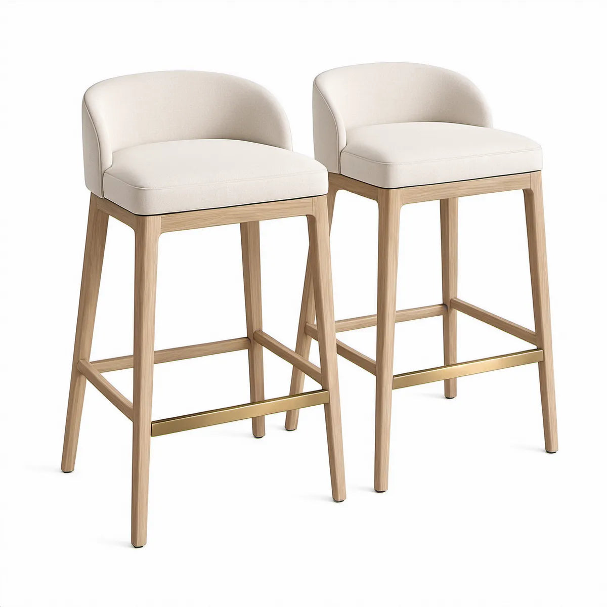Conjunto de 2 Bancos de Bar com Encosto Curvo, Estrutura em Madeira Maciça e Assento em Poliéster Creme, 52 x 54 x 100 cm
