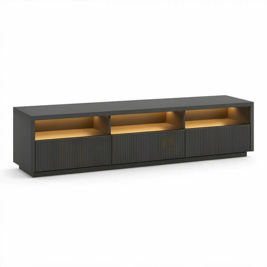 Móvel de TV em MDF Preto Mate com Portas Caneladas e Iluminação LED Âmbar, 180 x 40 x 55 cm