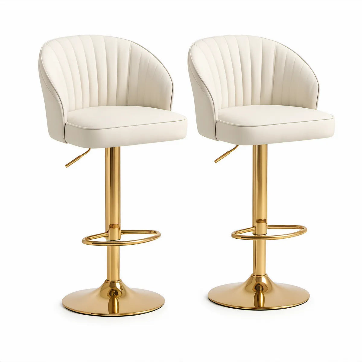 Conjunto de 2 Bancos de Bar Giratórios com Altura Regulável, Revestimento em PU Creme e Base Dourada, 45 x 52 x 92-113 cm