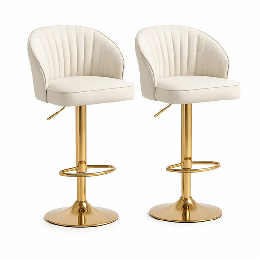 Conjunto de 2 Bancos de Bar Giratórios com Altura Regulável, Revestimento em PU Creme e Base Dourada, 45 x 52 x 92-113 cm