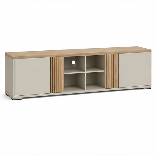 Móvel de TV em MDF Bege e Carvalho Natural 180 x 40 x 60 cm com 4 Nichos e 2 Armários