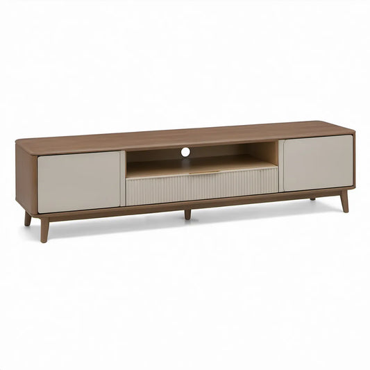 Móvel de TV Retangular com 2 Portas, 1 Gaveta e Nicho Aberto 180 x 40 x 55 cm em Nogueira, Bege e Castanho