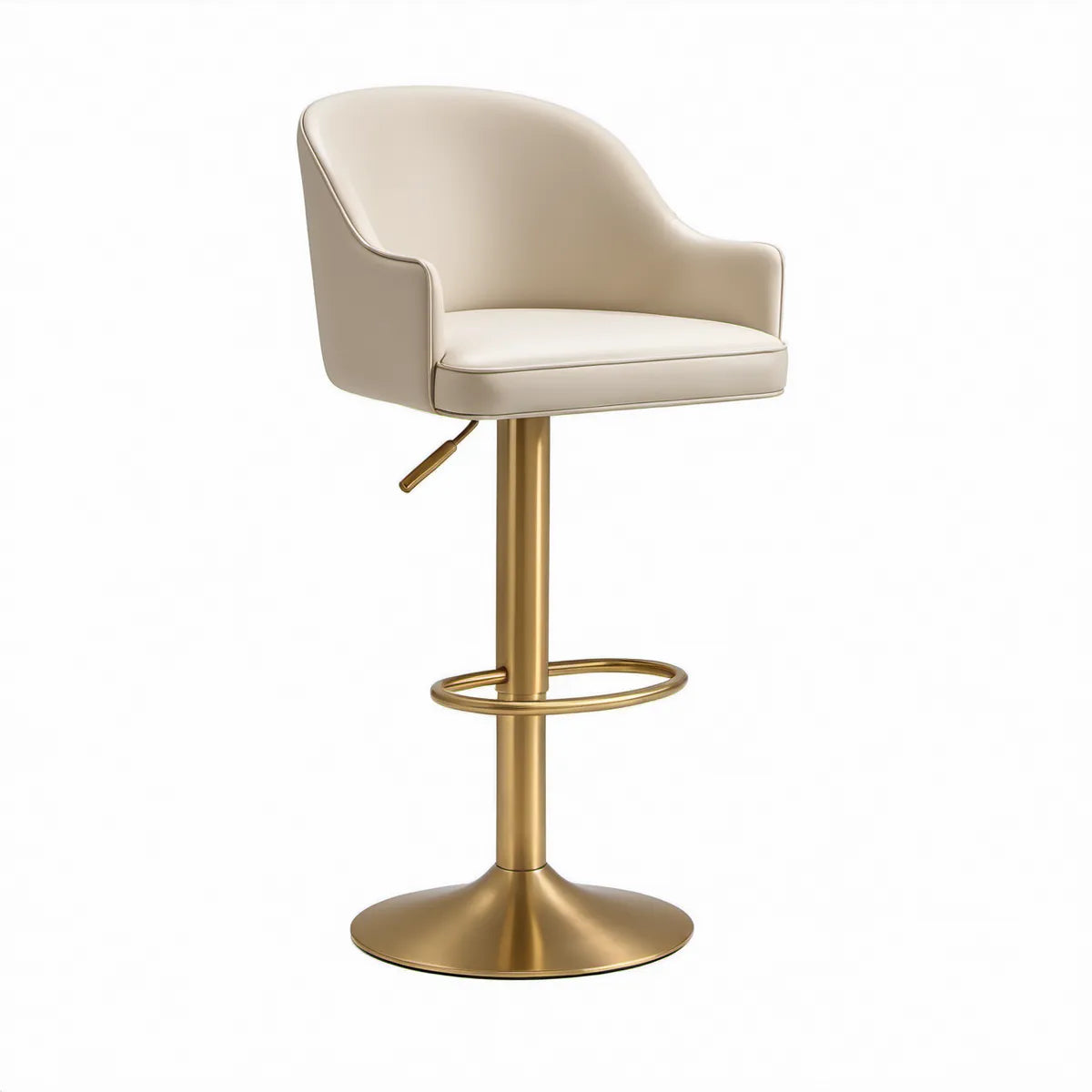 Banco de Bar Giratório Regulável em Altura com Encosto Curvo em PU Bege e Base Dourada 52 x 50 x 91-112 cm