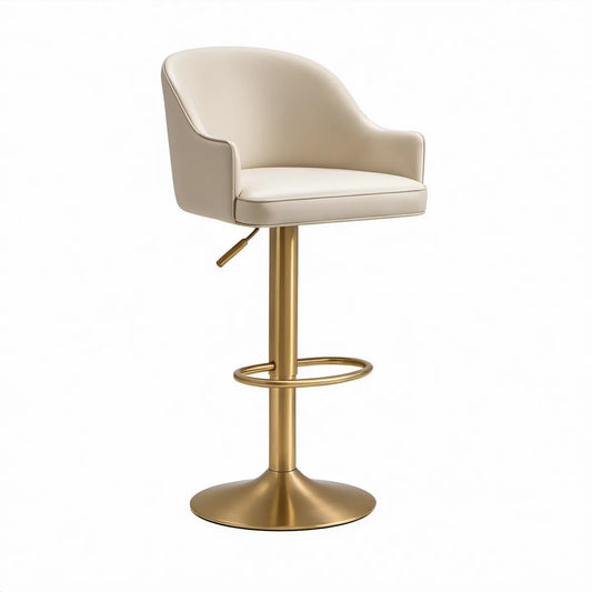 Banco de Bar Giratório Regulável em Altura com Encosto Curvo em PU Bege e Base Dourada 52 x 50 x 91-112 cm