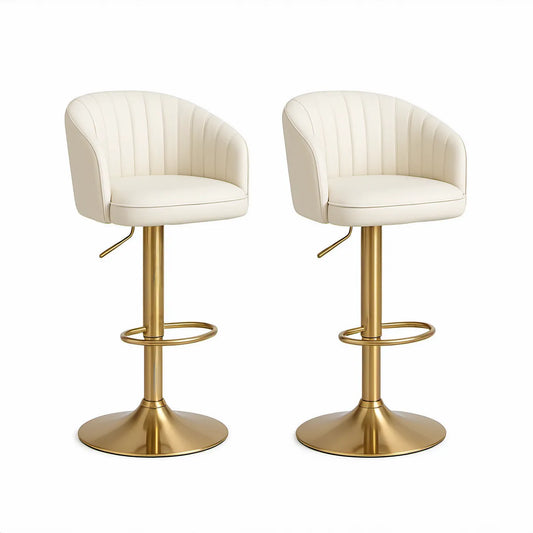 Conjunto de 2 Bancos de Bar Reguláveis com Encosto em PU Bege e Base Dourada, 84–105 cm